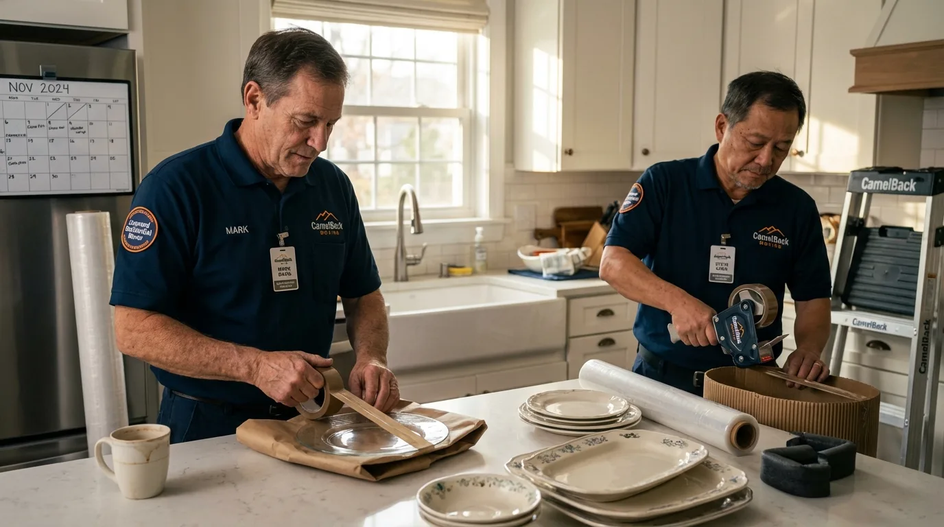 Professional crew packing kitchen dishware in Lawai, HI